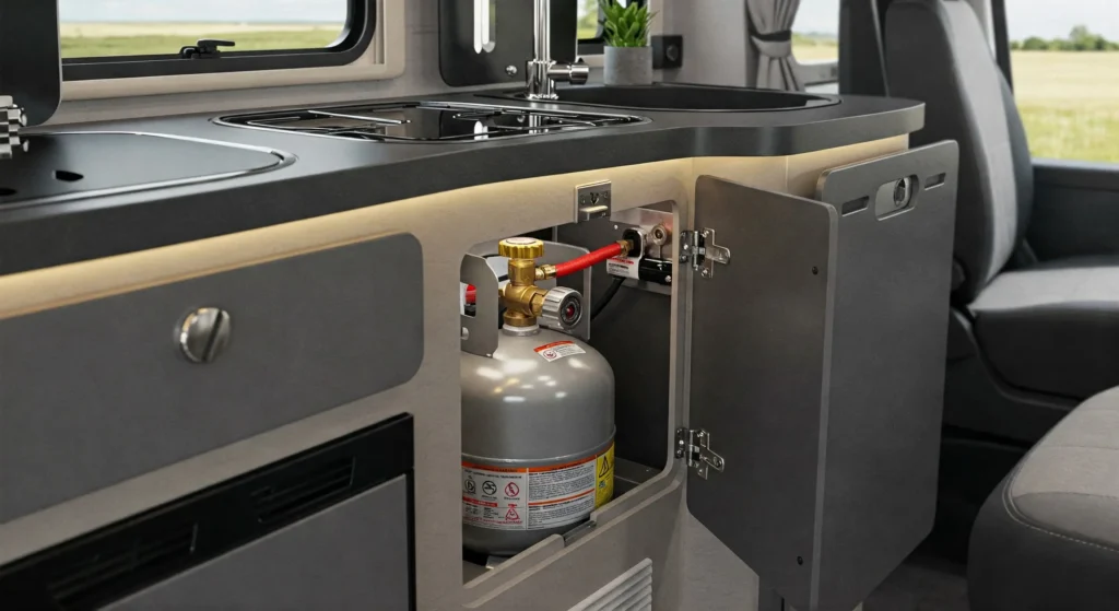 Botijão de gás isntalado no motorhome