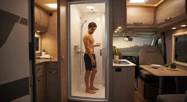 tomando banho no motorhome